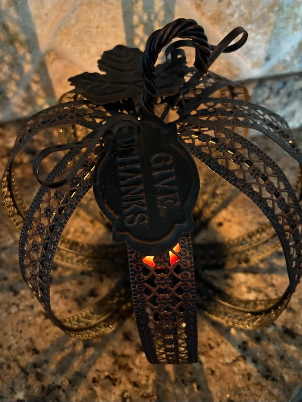 Ornate Brown Metal Pumpkin Lantern with Leaf Accents